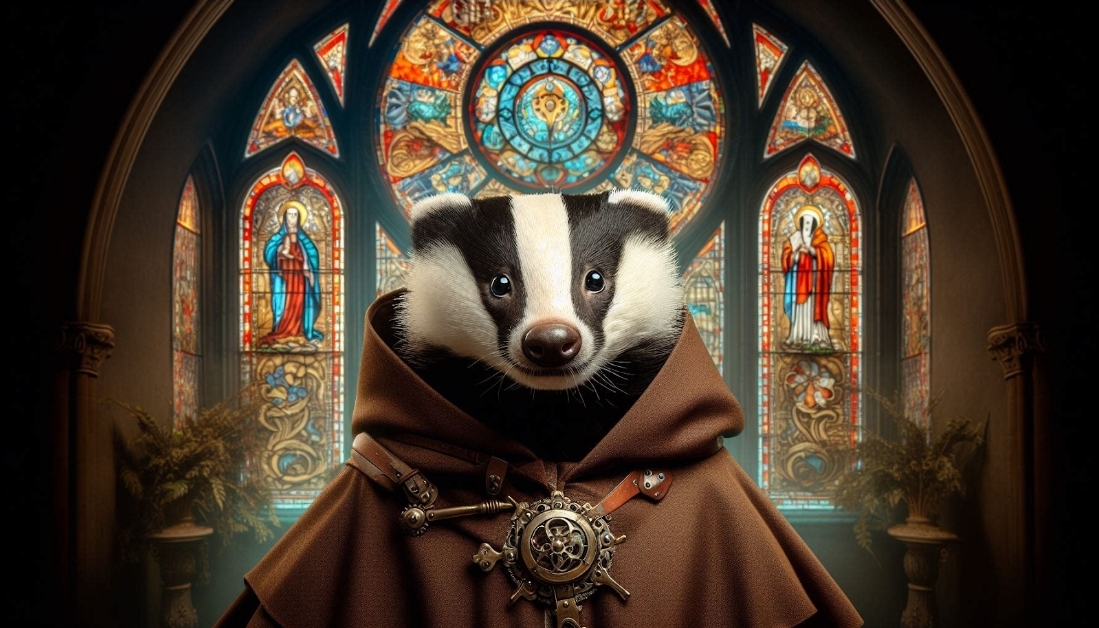 AI generated image of a steampunk badger monk in church