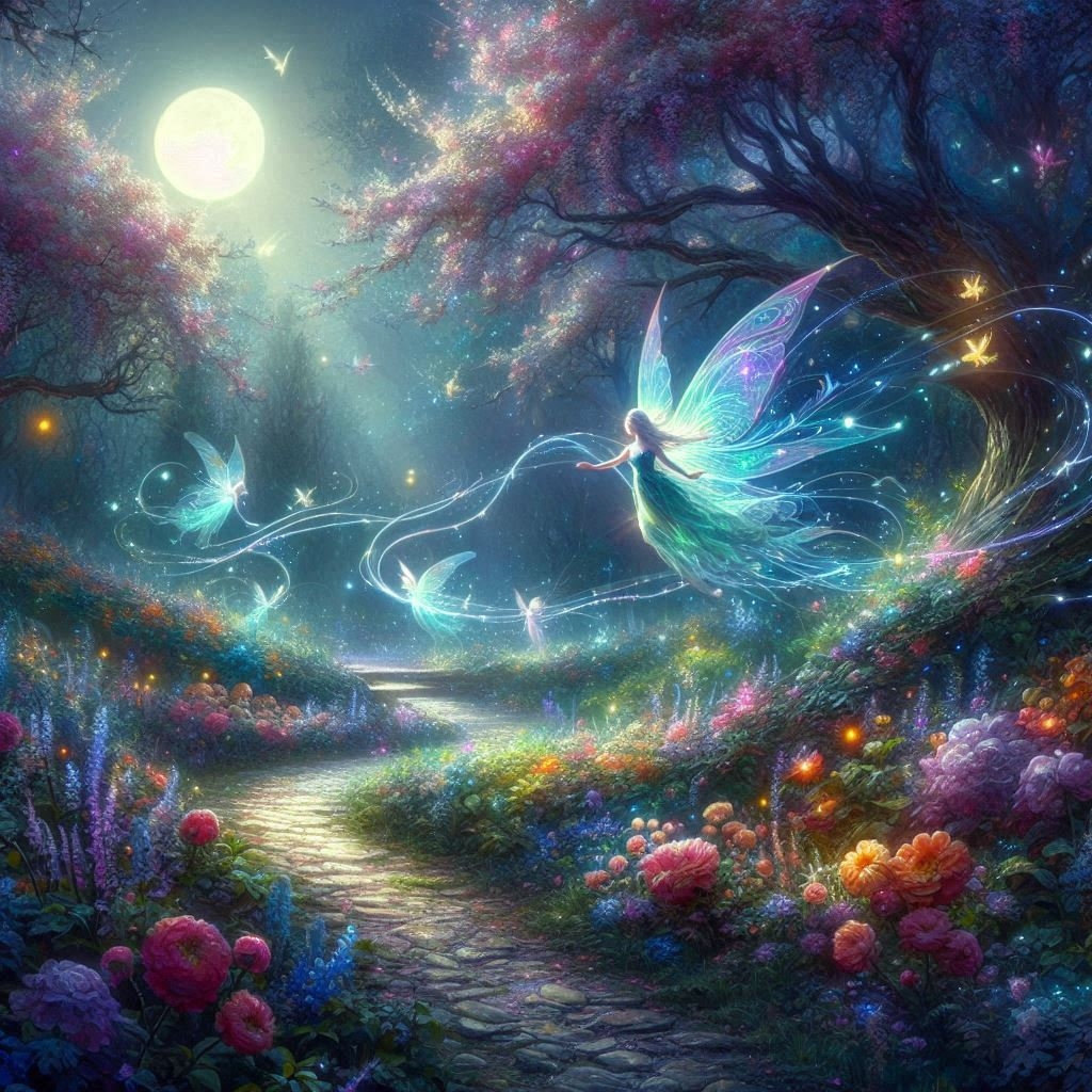 AI generated image of fairies hovering over a garden path