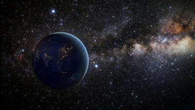 A dark blue, Earth-like planet surrounded by stars